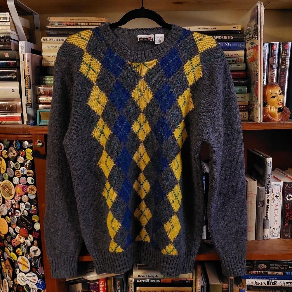 Duke of Marlborough Vintage Wool Argyle Sweater Grey Yellow Blue Made in England